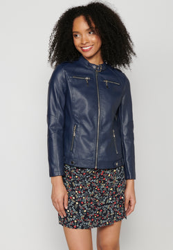 Giacca effetto pelle da donna blu navy collo alla coreana - Koroshi 2312JA10