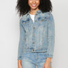 Denim denim jacket with floral embroidery for women | Current Fashion