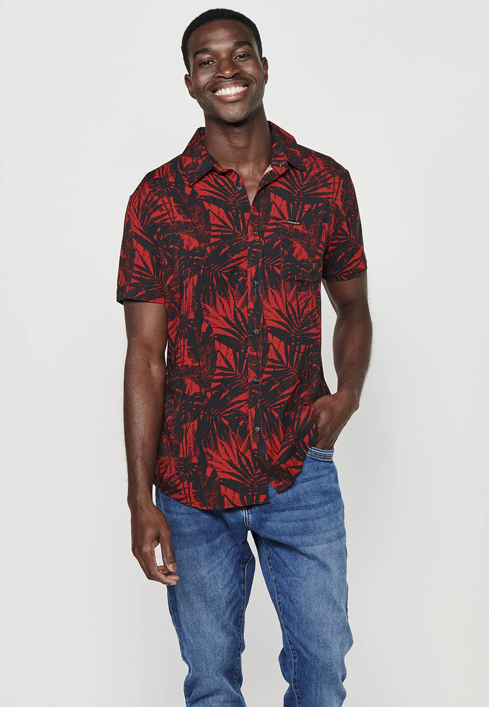 Camisa tropical cuello cubano manga corta hombre roja - Koroshi 2411CC36