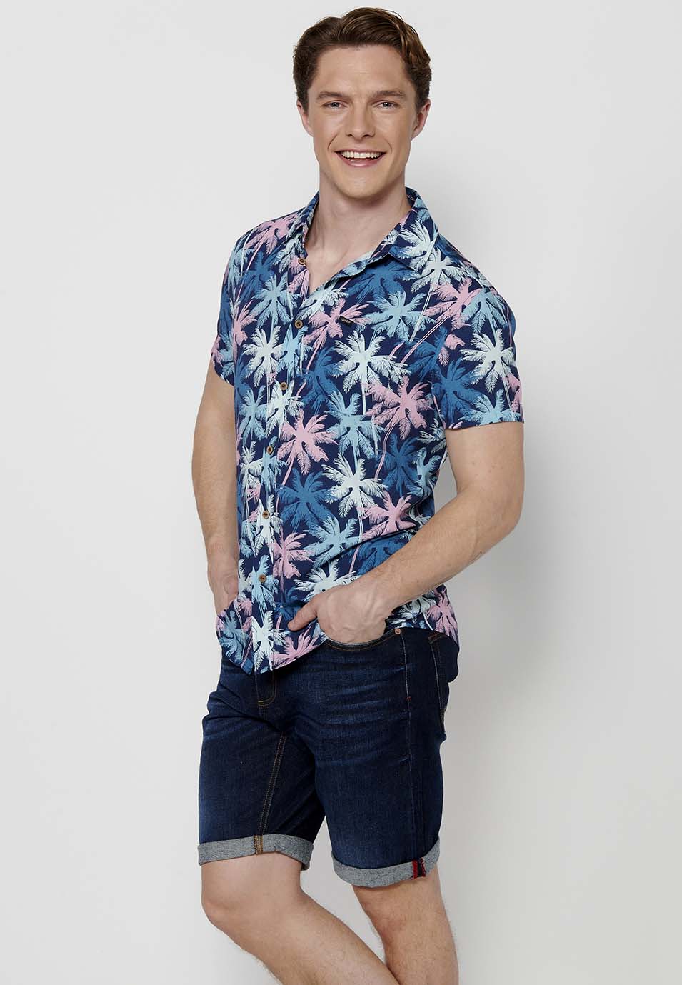 Camisa estampat all-over màniga curta home navy - Koroshi 2411CC37