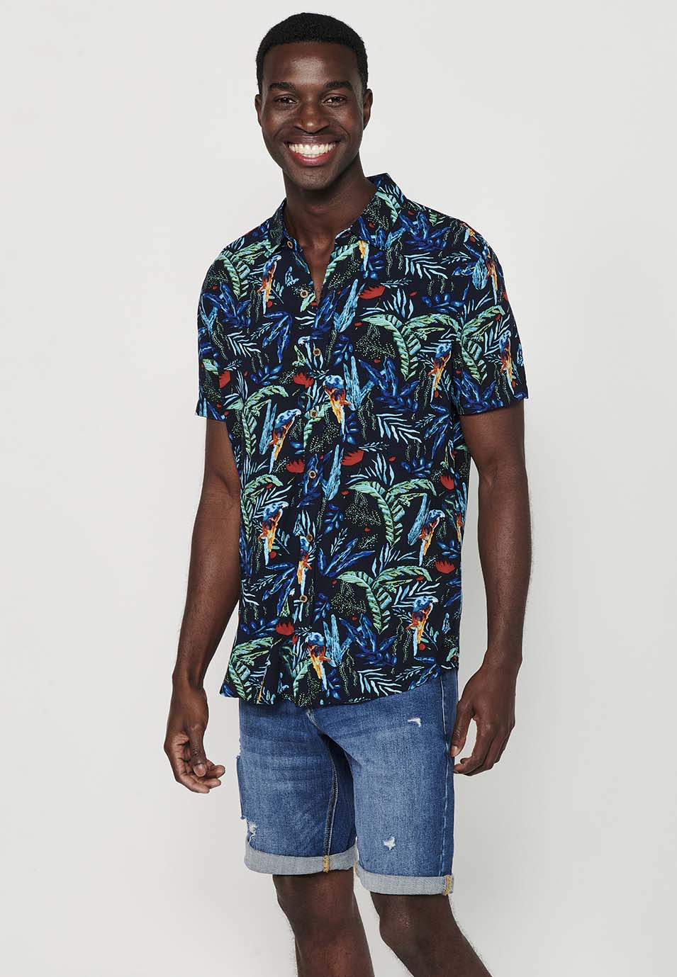 Camisa de manga corta con cuello camisero y estampado floral tropical, amarillo para hombres | ropa casual