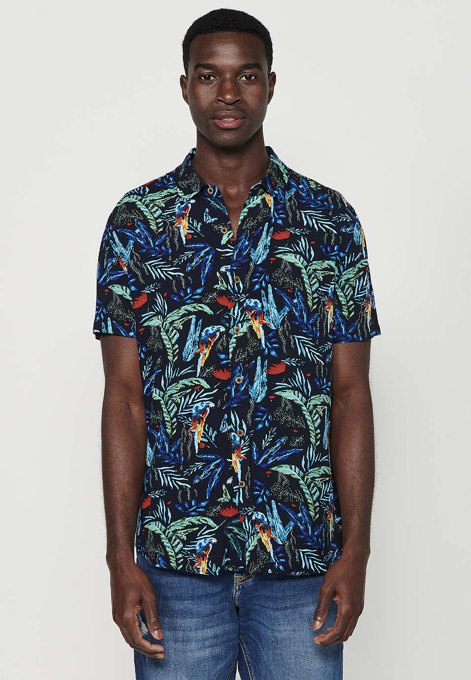 Camisa de manga corta con cuello camisero y estampado floral tropical, amarillo para hombres | ropa casual