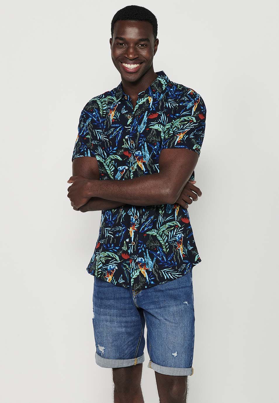 Camisa de manga corta con cuello camisero y estampado floral tropical, amarillo para hombres | ropa casual