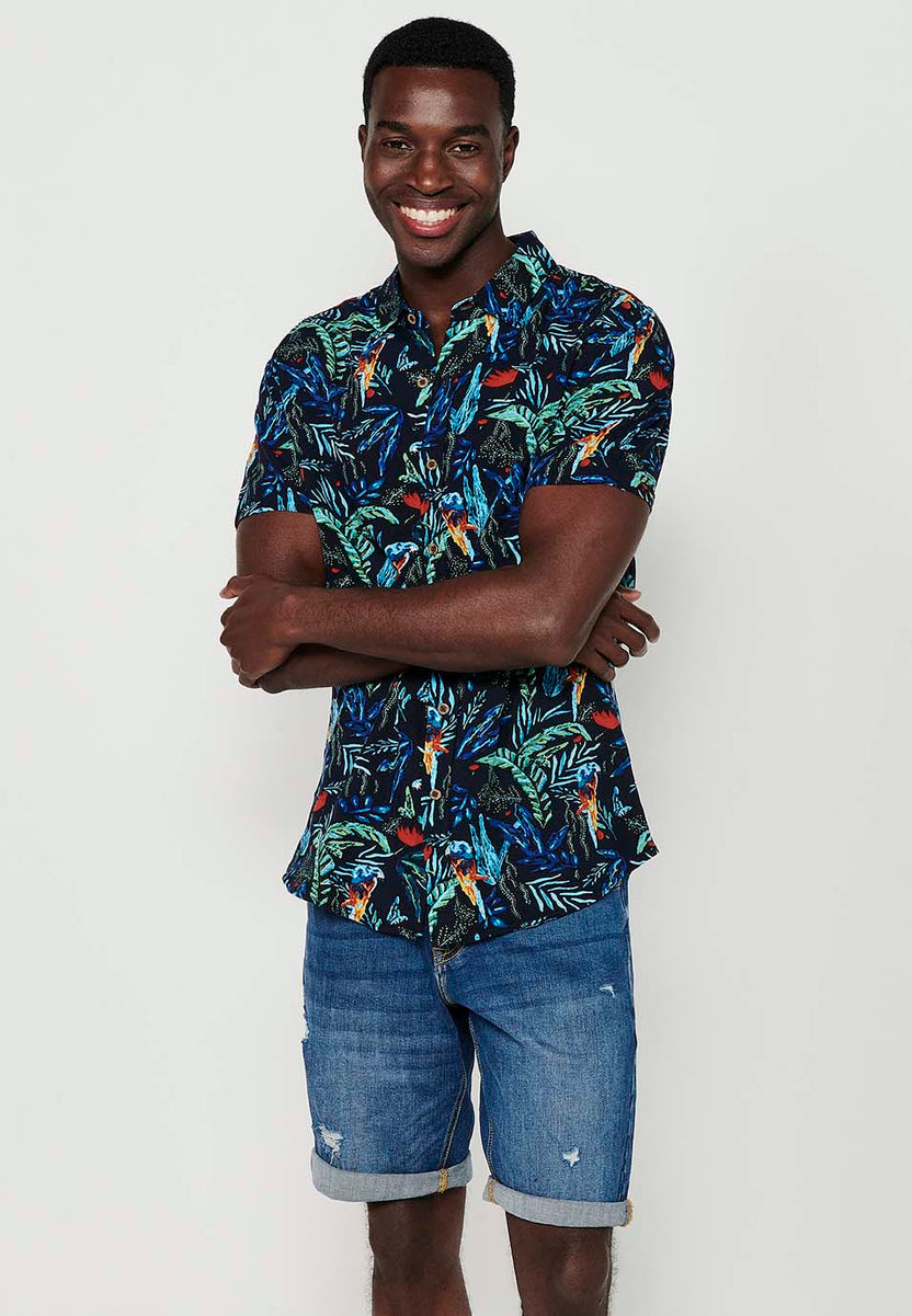 Camisa de manga corta con cuello camisero y estampado floral tropical, amarillo para hombres | ropa casual