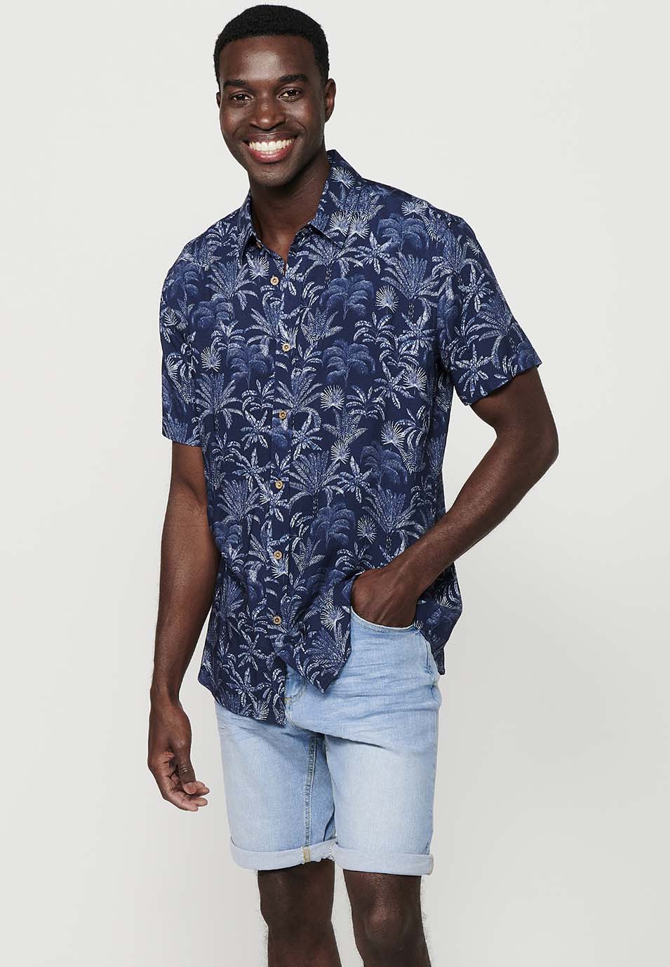 Camicia da uomo a maniche corte con stampa botanica Indaco - Koroshi 2411CC44