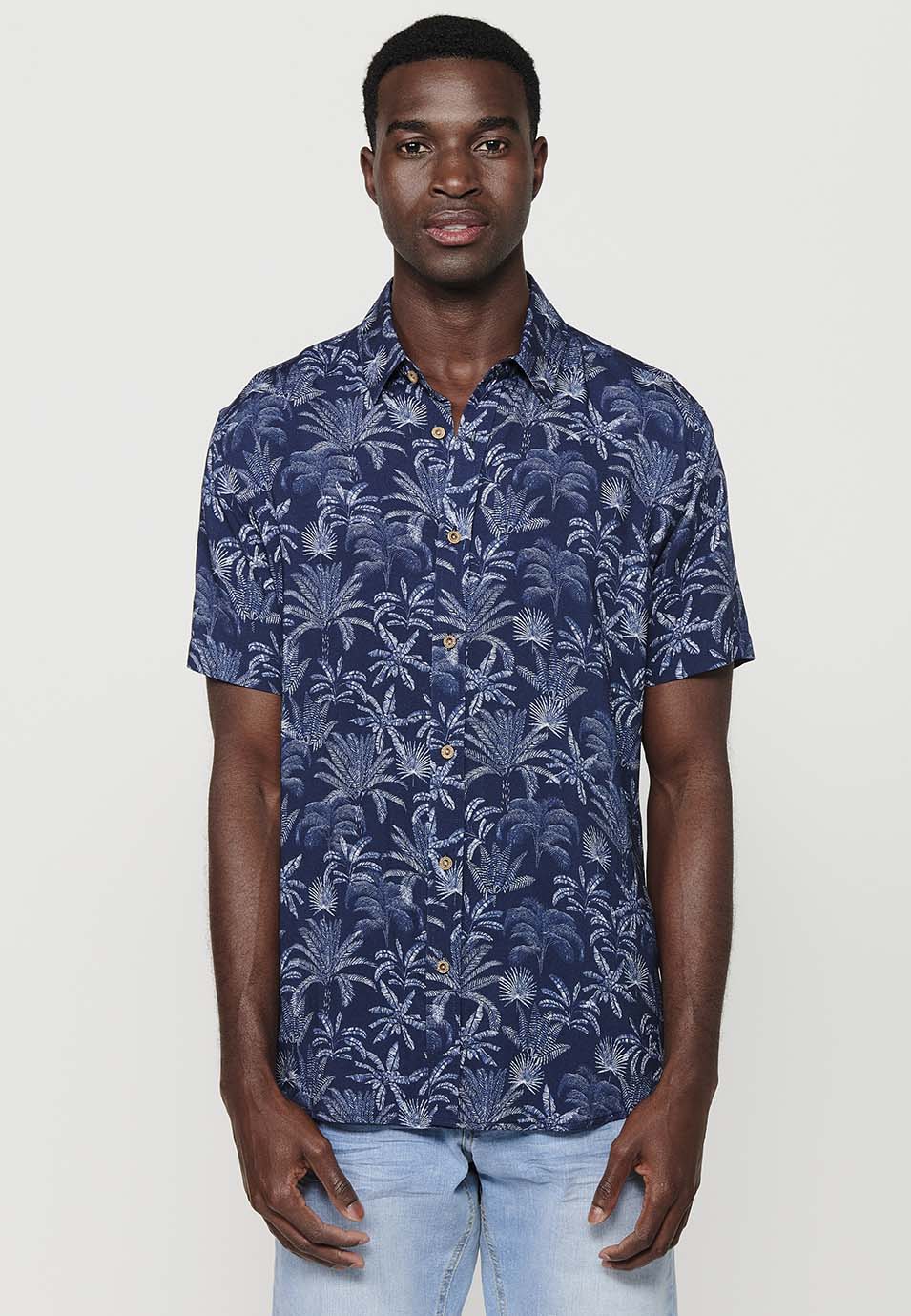 Camicia da uomo a maniche corte con stampa botanica Indaco - Koroshi 2411CC44