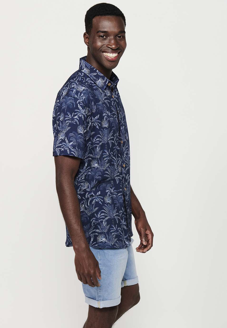 Camicia da uomo a maniche corte con stampa botanica Indaco - Koroshi 2411CC44