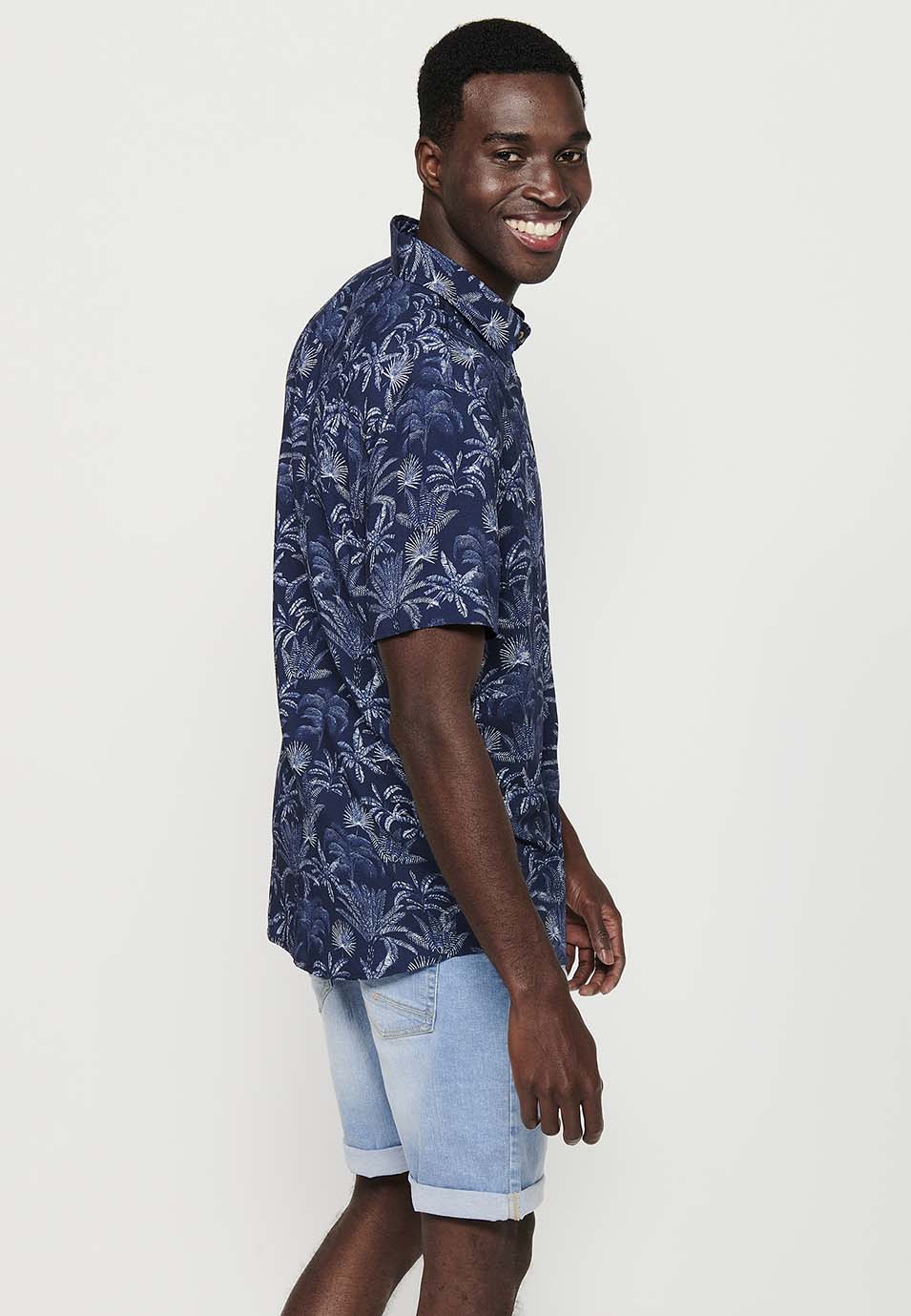 Camicia da uomo a maniche corte con stampa botanica Indaco - Koroshi 2411CC44