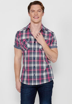 Pink men's short sleeve checkered shirt - Koroshi 2411CC57