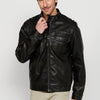 Leather effect jacket with zipper front closure and round neck in dark for men | Casual Clothing