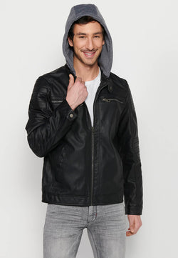Blouson biker homme noir effet cuir à capuche amovible - Koroshi 2411JA05