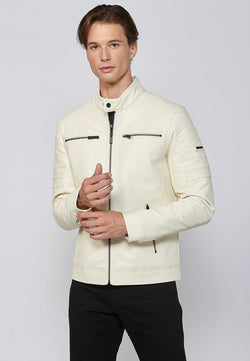 Ecru men's high collar leather effect biker jacket - Koroshi 2411JA09