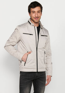 Lightweight high-neck zipper biker jacket for men in beige - Koroshi 2411JA18