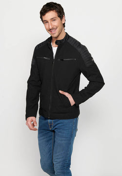 Men's black high-neck zipper biker jacket - Koroshi 2411JA23
