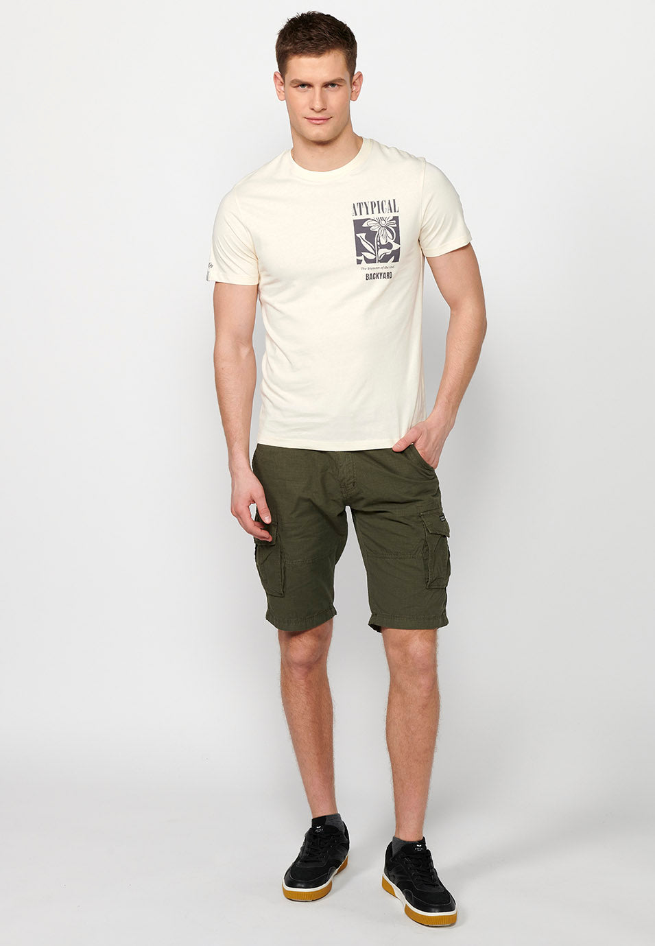 Cream men's short sleeve printed t-shirt - Koroshi 2411MC12