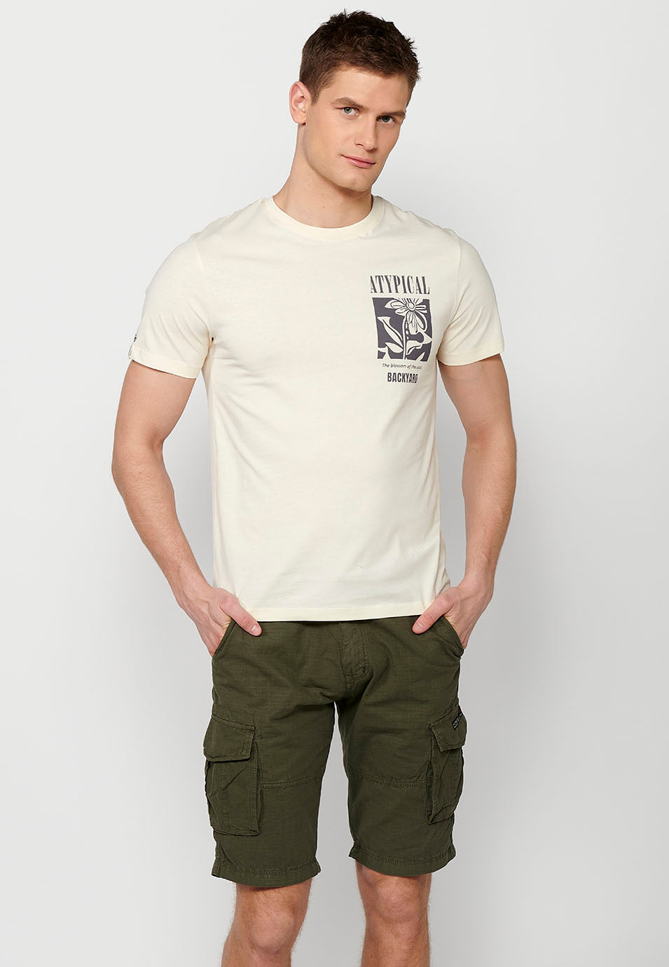 Cream men's short sleeve printed t-shirt - Koroshi 2411MC12