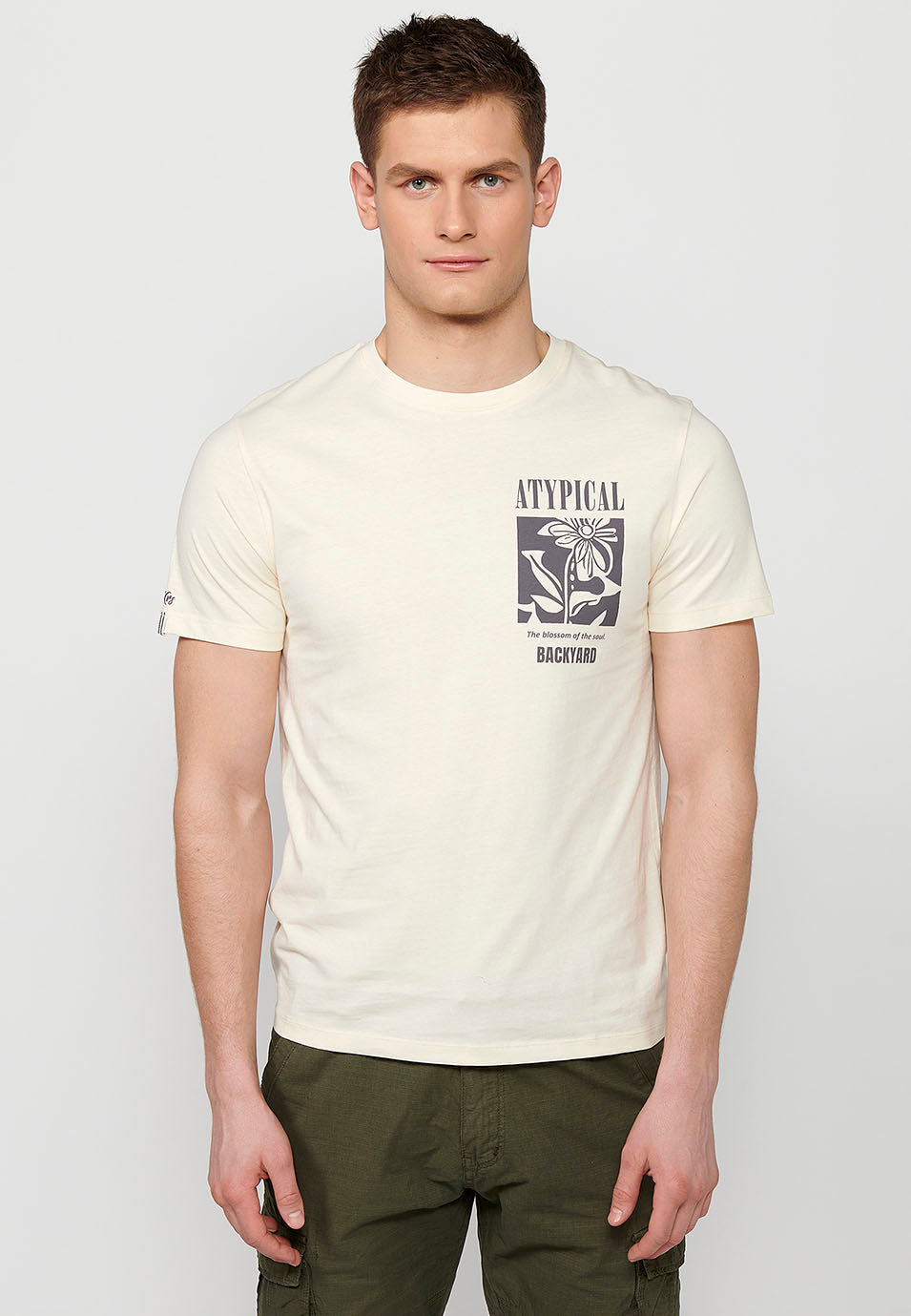 Cream men's short sleeve printed t-shirt - Koroshi 2411MC12