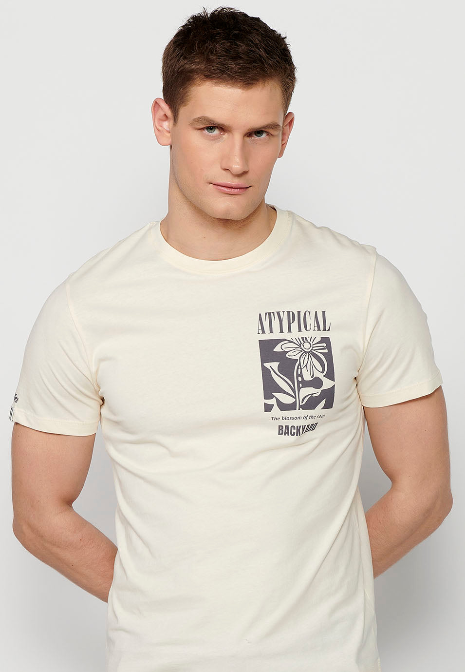 Cream men's short sleeve printed t-shirt - Koroshi 2411MC12