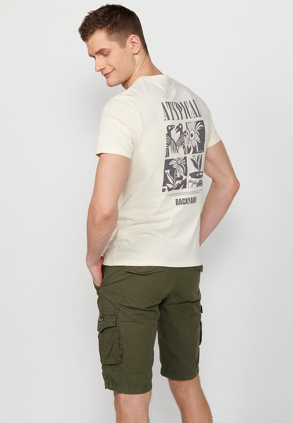 Cream men's short sleeve printed t-shirt - Koroshi 2411MC12