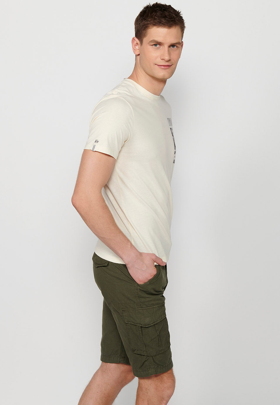 Cream men's short sleeve printed t-shirt - Koroshi 2411MC12