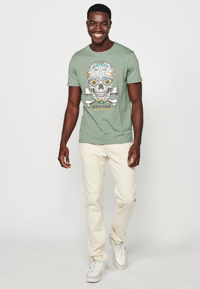 Khaki men's short sleeve skull print t-shirt - Koroshi 2411MC19