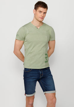 Khaki men's short sleeve contrast button collar t-shirt - Koroshi 2411MC20