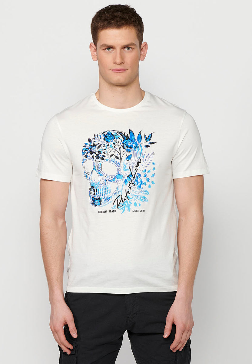 Raw Herren-Kurzarm-T-Shirt mit Totenkopf-Print und Rundhalsausschnitt – Koroshi 2411MC42