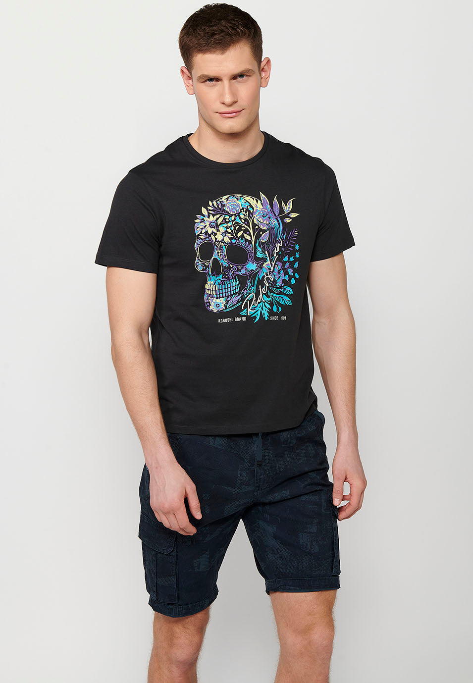 Camiseta cuello redondo estampado calavera manga corta hombre antracita - Koroshi 2411MC42