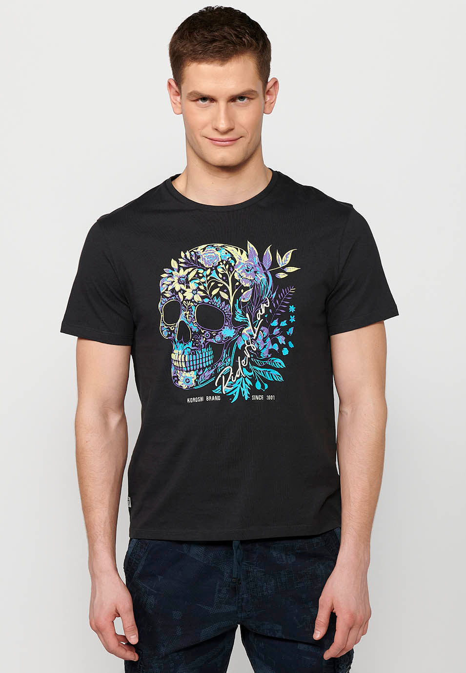 Camiseta cuello redondo estampado calavera manga corta hombre antracita - Koroshi 2411MC42