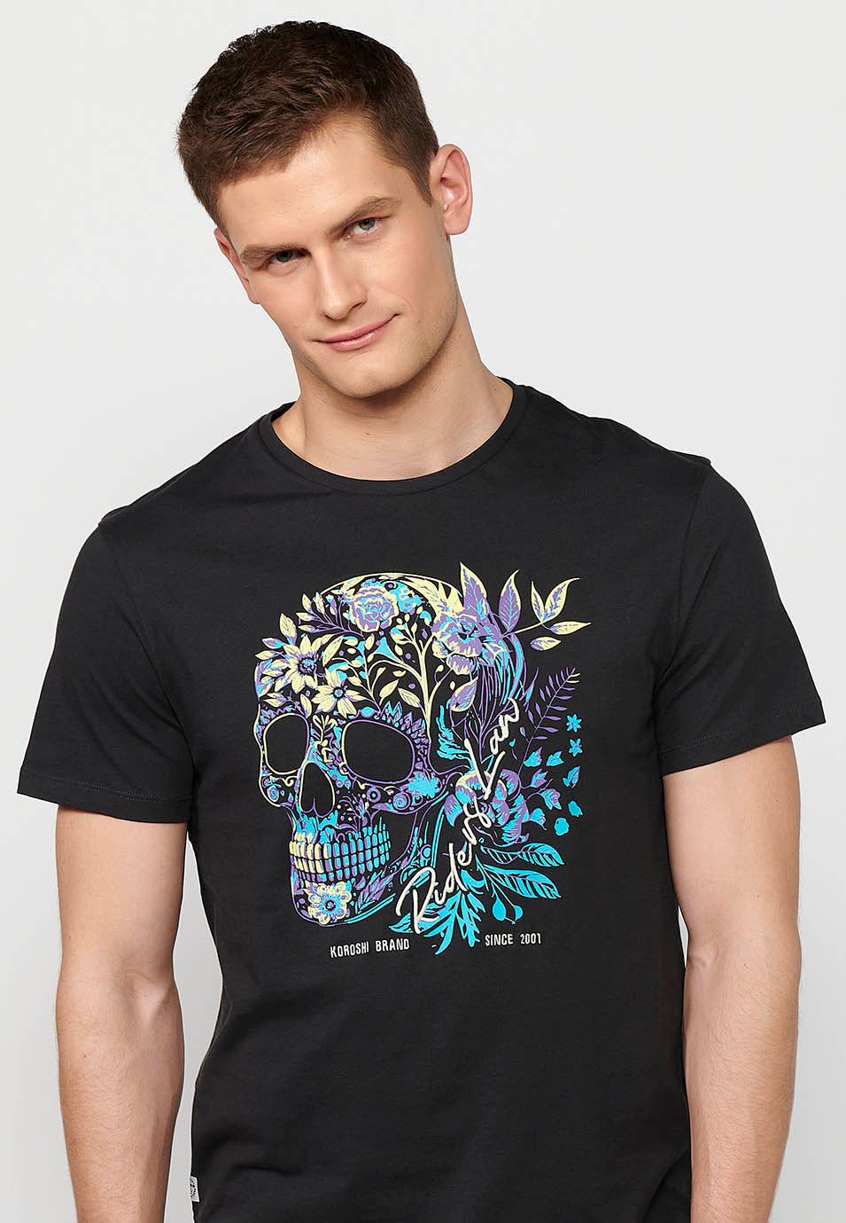 Camiseta cuello redondo estampado calavera manga corta hombre antracita - Koroshi 2411MC42