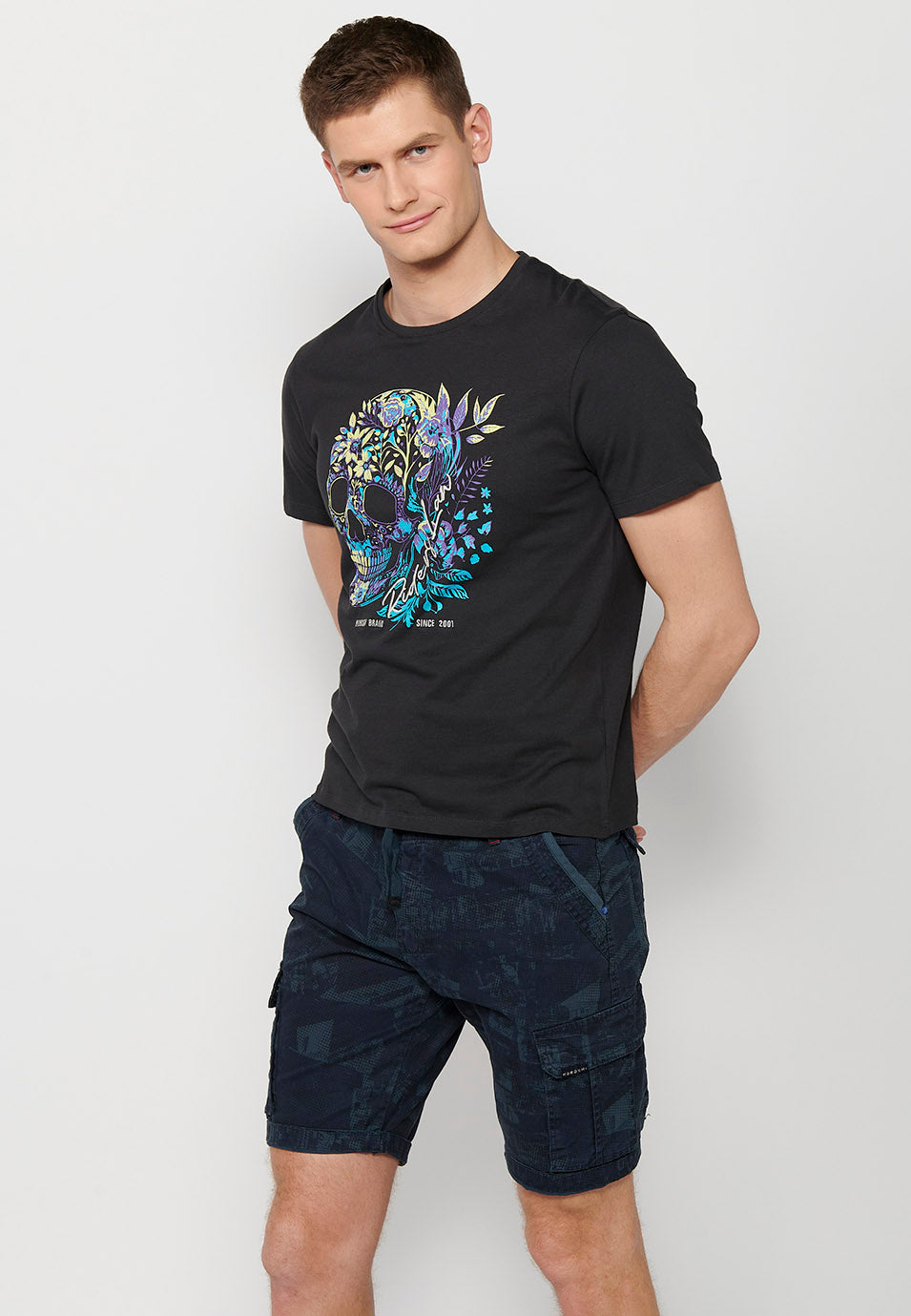 Camiseta cuello redondo estampado calavera manga corta hombre antracita - Koroshi 2411MC42