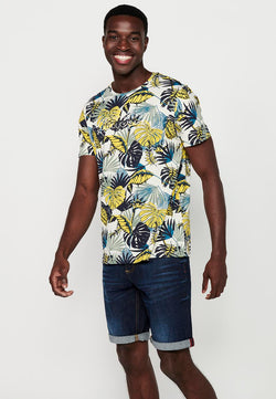 Gelbes kurzärmliges Herren-T-Shirt mit Blumendruck – Koroshi 2411MC55