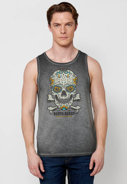 Graues ärmelloses Herren-T-Shirt mit Totenkopf-Print – Koroshi 2411MS05