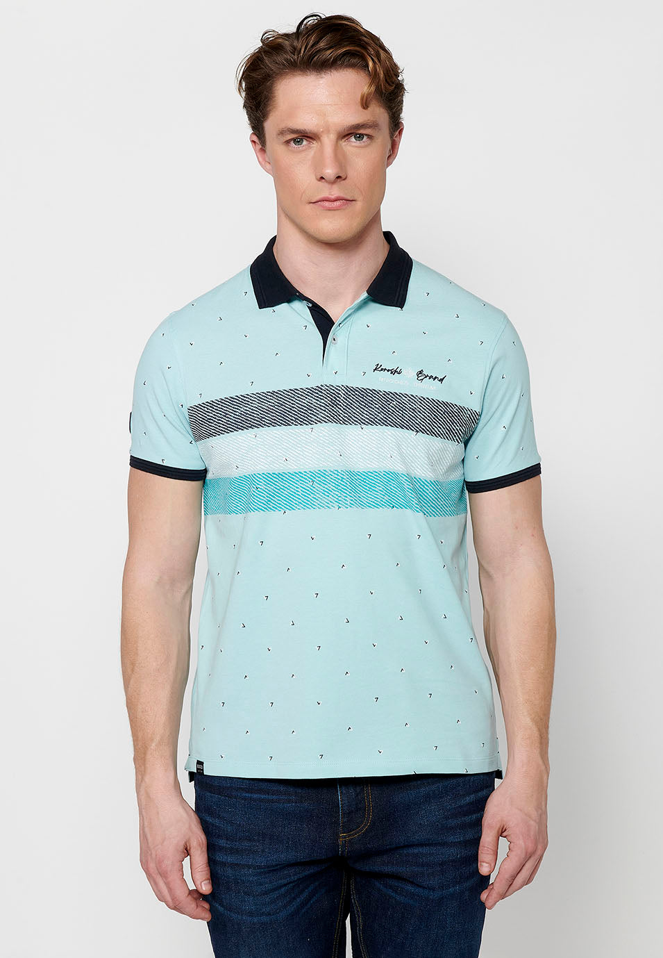 Polo cuello camisero estampado rayas manga corta hombre azul - Koroshi 2411PC27