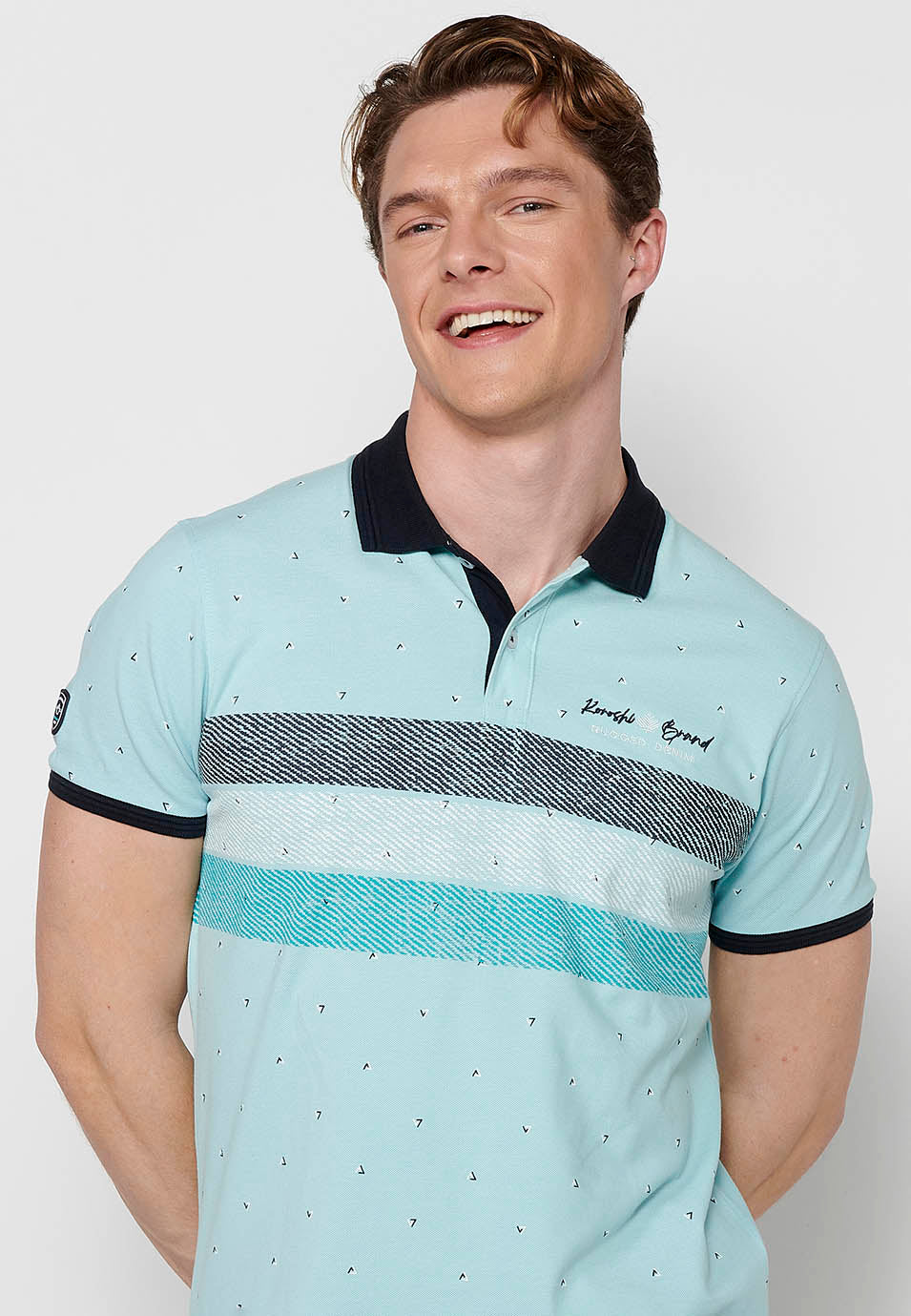 Polo cuello camisero estampado rayas manga corta hombre azul - Koroshi 2411PC27