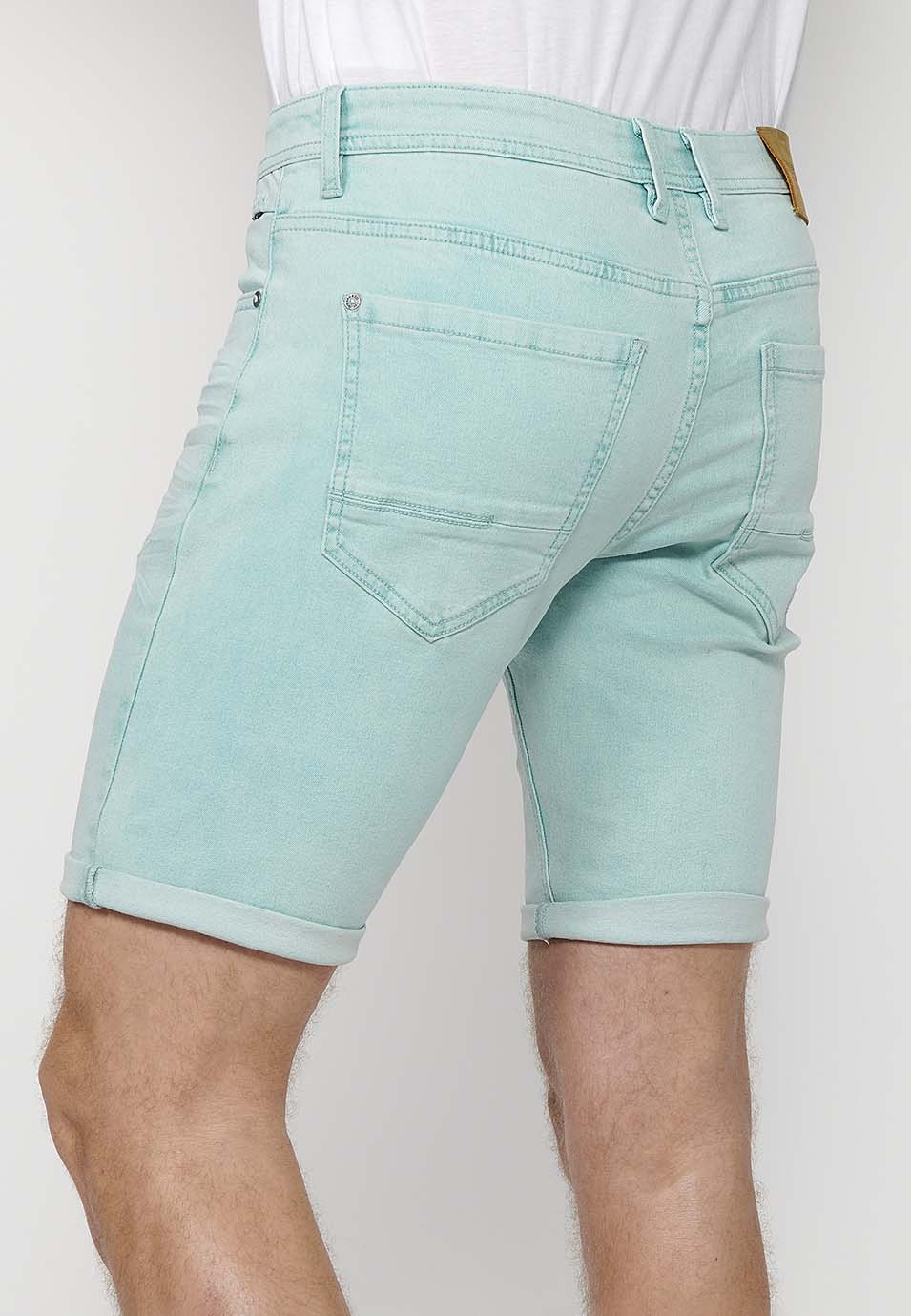 5-pocket Bermuda shorts with turn-up finish for men, aqua blue - Koroshi 2411PS05