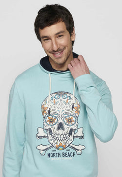 High neck sweatshirt with drawstring and light blue men's print - Koroshi 2411SU17
