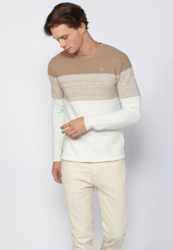 Men's beige striped fine knit round neck sweater - Koroshi 2411TR01