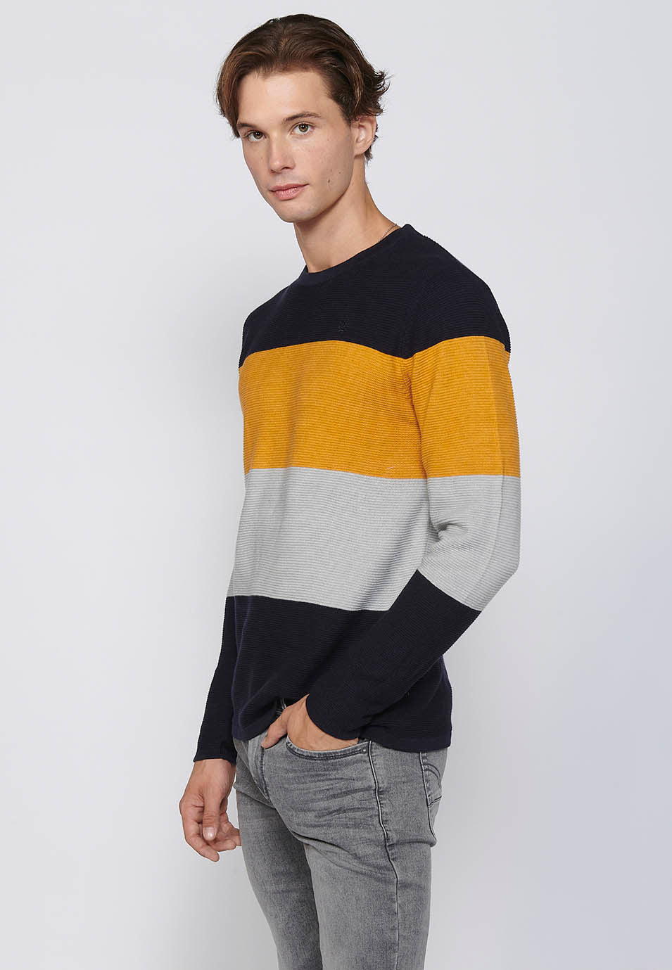 Maglione a maniche lunghe girocollo in tricot a righe in cotone da uomo | Abbigliamento casual
