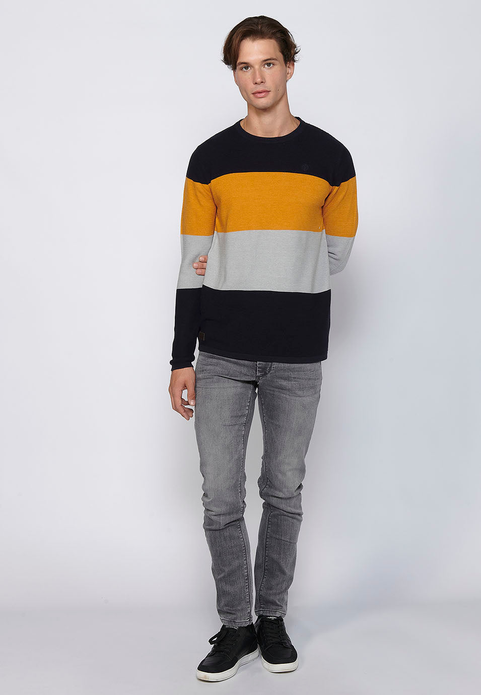Maglione a maniche lunghe girocollo in tricot a righe in cotone da uomo | Abbigliamento casual