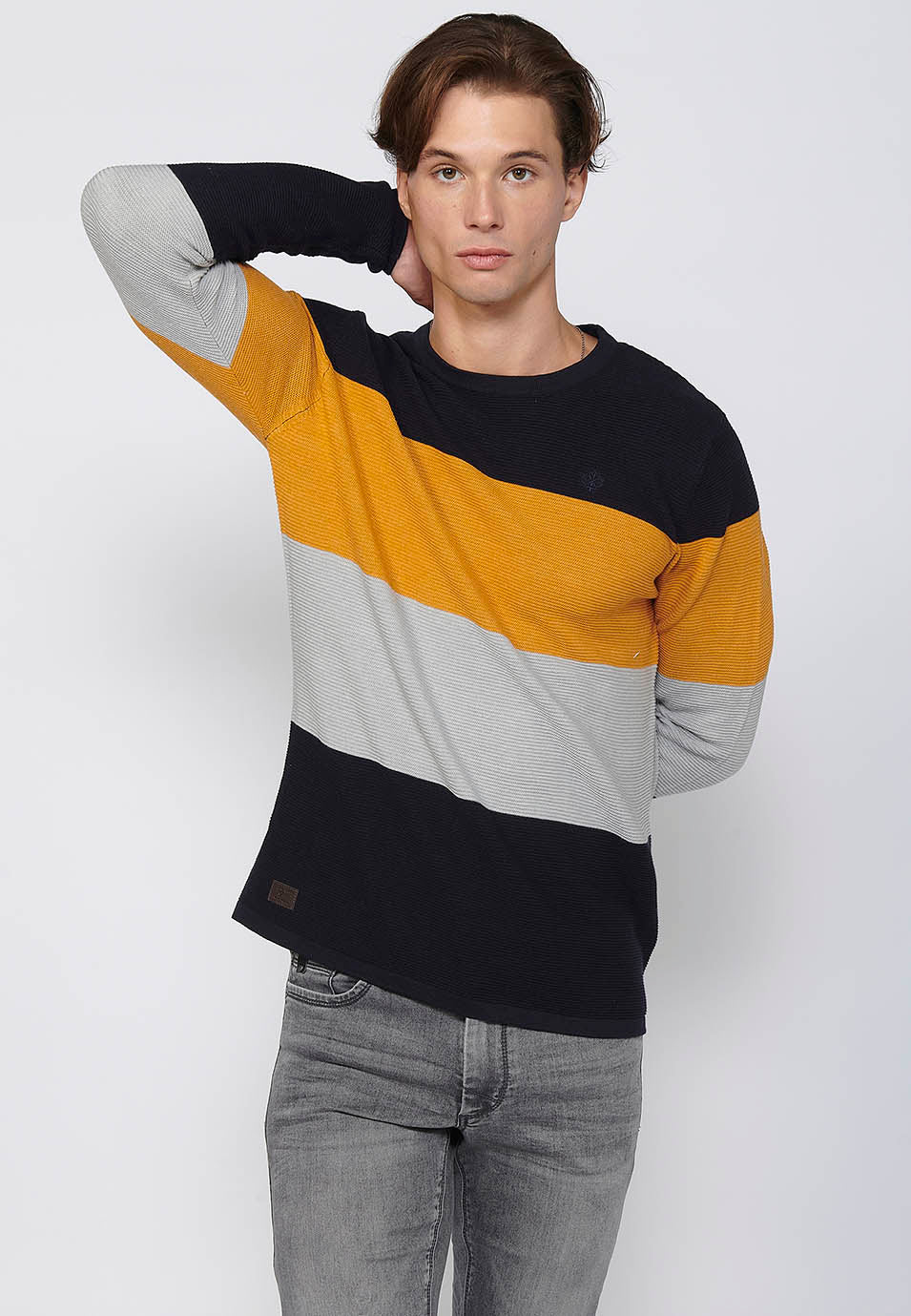 Maglione a maniche lunghe girocollo in tricot a righe in cotone da uomo | Abbigliamento casual