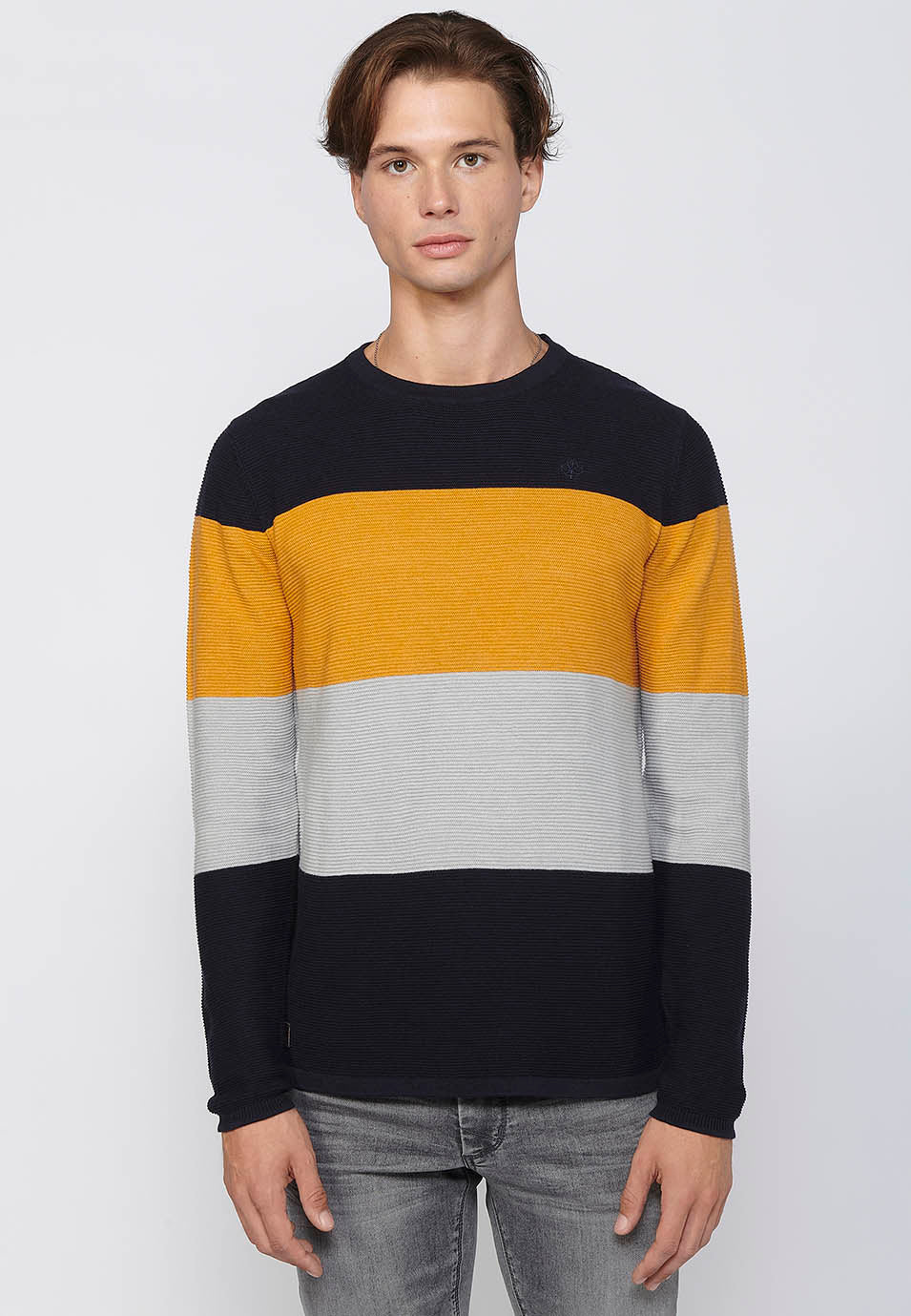 Maglione a maniche lunghe girocollo in tricot a righe in cotone da uomo | Abbigliamento casual