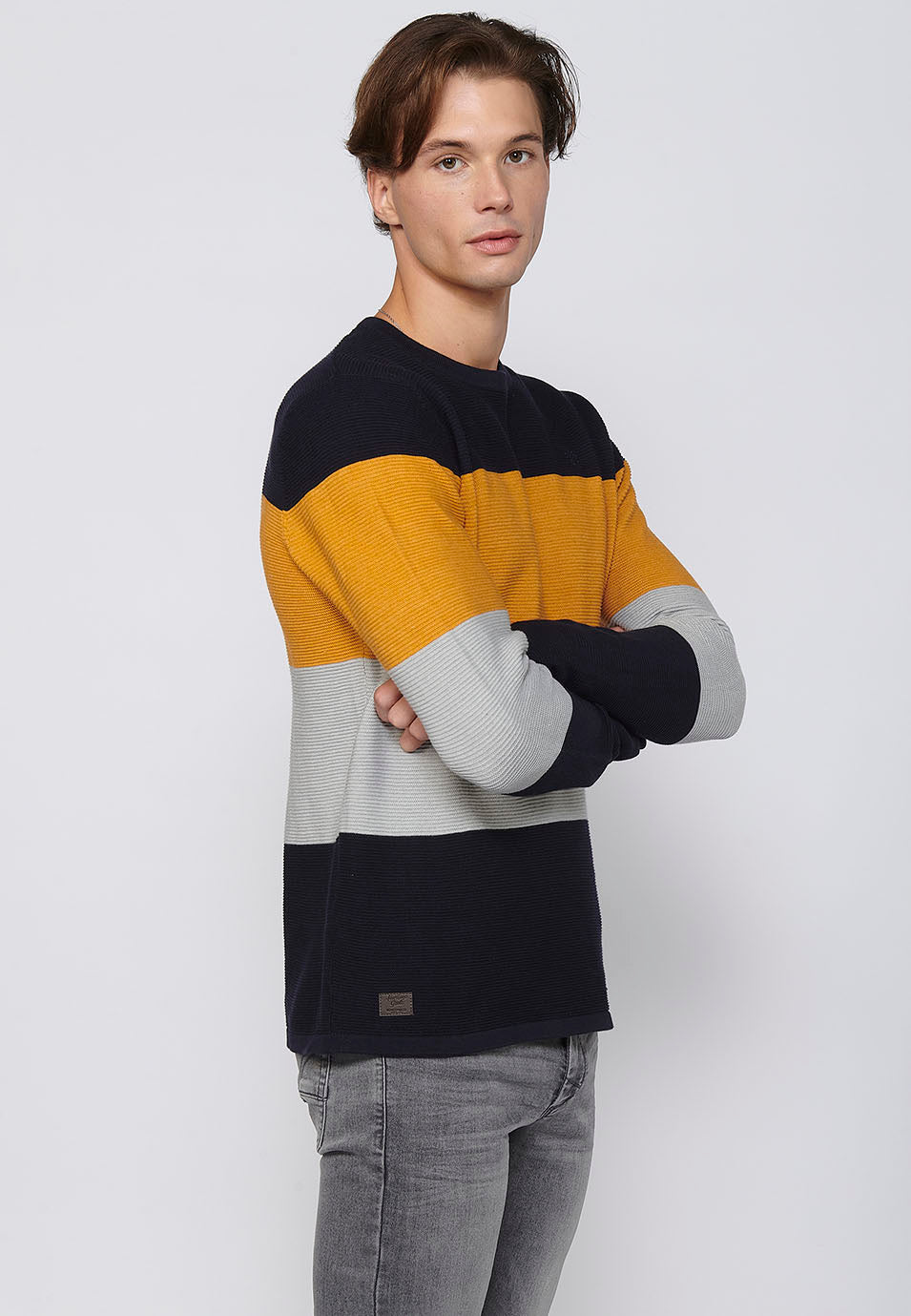 Maglione a maniche lunghe girocollo in tricot a righe in cotone da uomo | Abbigliamento casual