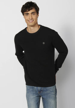 Men's black ribbed knit crew neck sweater - Koroshi 2411TR04