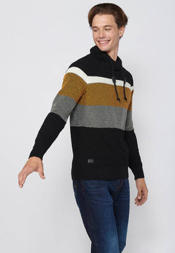 Black striped thick knit turtleneck sweater for men - Koroshi 2411TR09