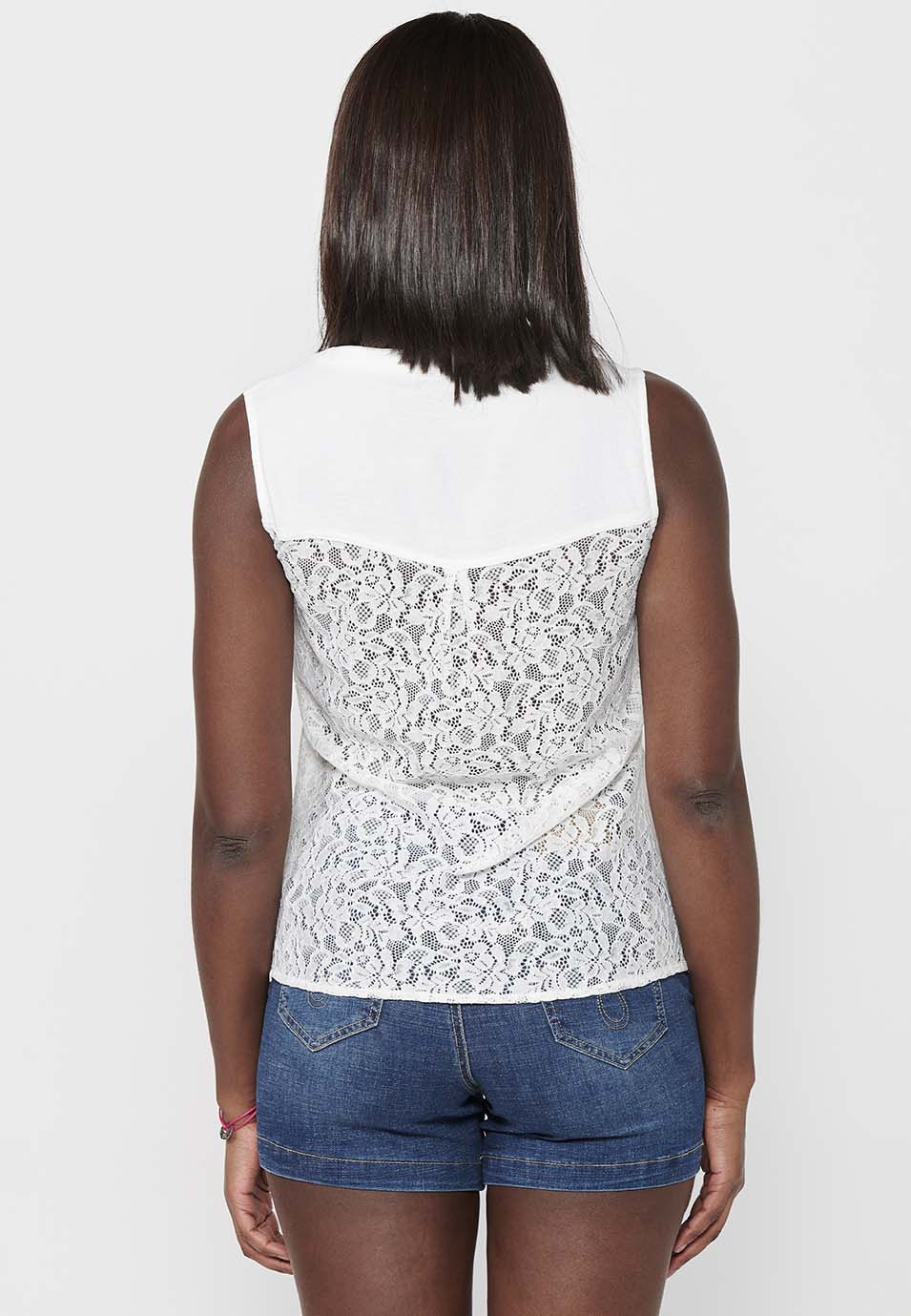 Sleeveless blouse made of two fabrics, one with openwork lace and a shirt collar with front closure with buttons for women | Current Fashion