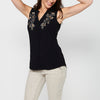 Women's Sleeveless V-Neck Blouse with Button Front Closure with Embroidered Front Detail | Current Fashion