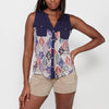 Ärmellose Bluse mit Hemdausschnitt und mehrfarbigem Blumendruck für Damen | Aktuelle Mode