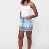 Short denim skirt with embroidered details and front zipper and button closure for women | Current Fashion