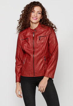 Giubbotto rosso da donna effetto pelle biker - Koroshi 2412JA13